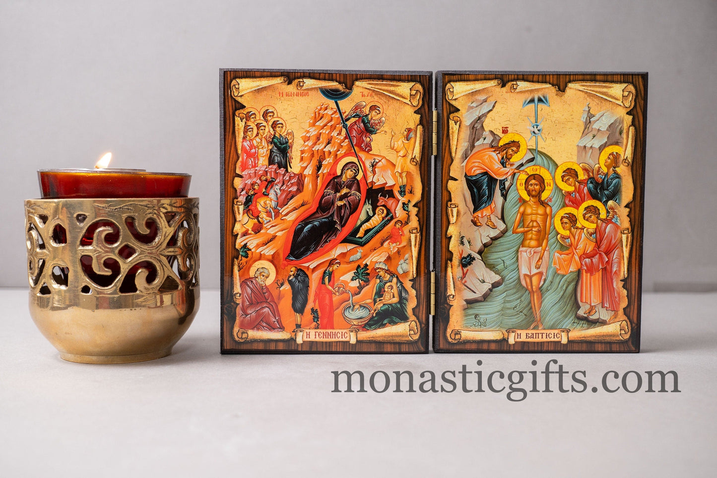 Diptych wooden Icon with the birth and baptism of Jesus Christ Greek Orthodox Icon , Home Decor,Orthodox Gift.