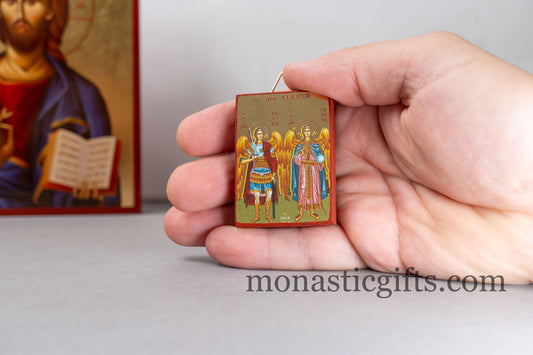 Small Wooden Orthodox icon with amazing details with Archangels Michael and Gabriel (The Protectors)In Golden leaf,wall hanging amazing idea