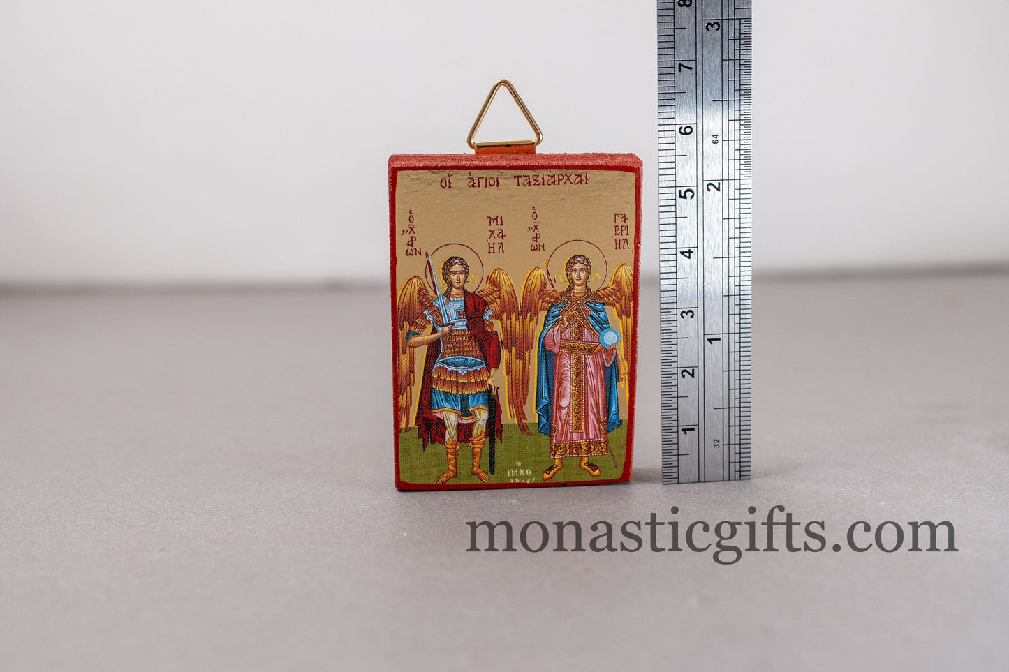 Small Wooden Orthodox icon with amazing details with Archangels Michael and Gabriel (The Protectors)In Golden leaf,wall hanging amazing idea