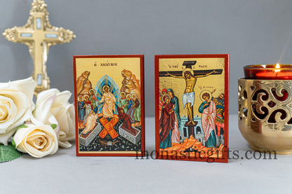 Wooden Small  icons with Crusifixion and The Resurrection of Jesus Christ ,Byzantine icon , art wall hanging .