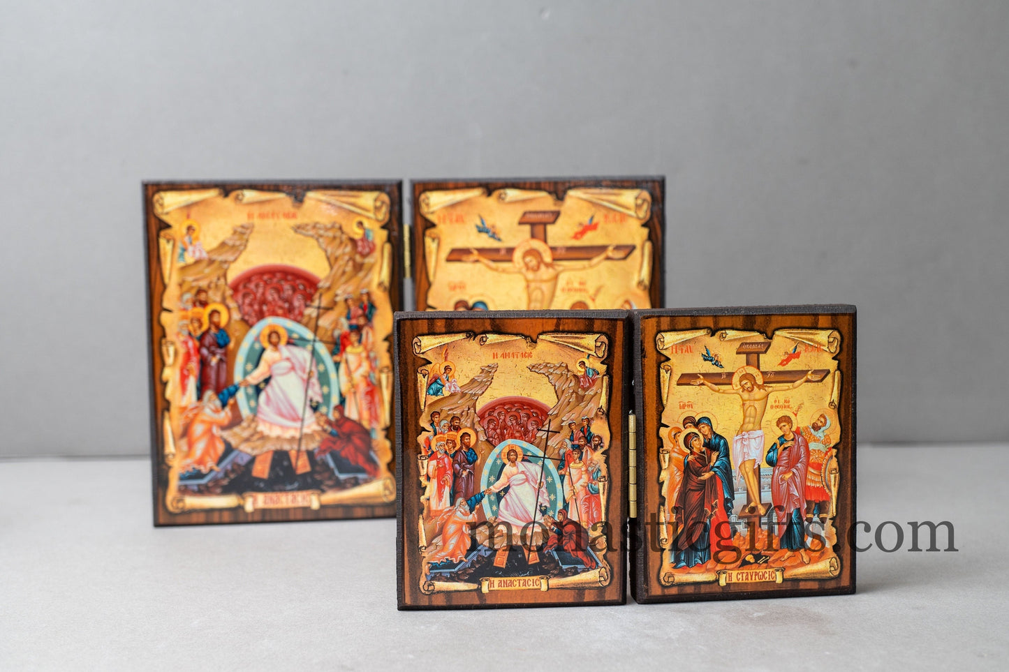 Diptych wooden Icon  with the crucifixion and resurrection of Jesus Christ Greek Orthodox Icon , Home Decor,Orthodox Gift.