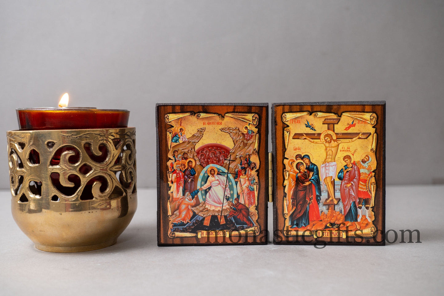 Diptych wooden Icon  with the crucifixion and resurrection of Jesus Christ Greek Orthodox Icon , Home Decor,Orthodox Gift.