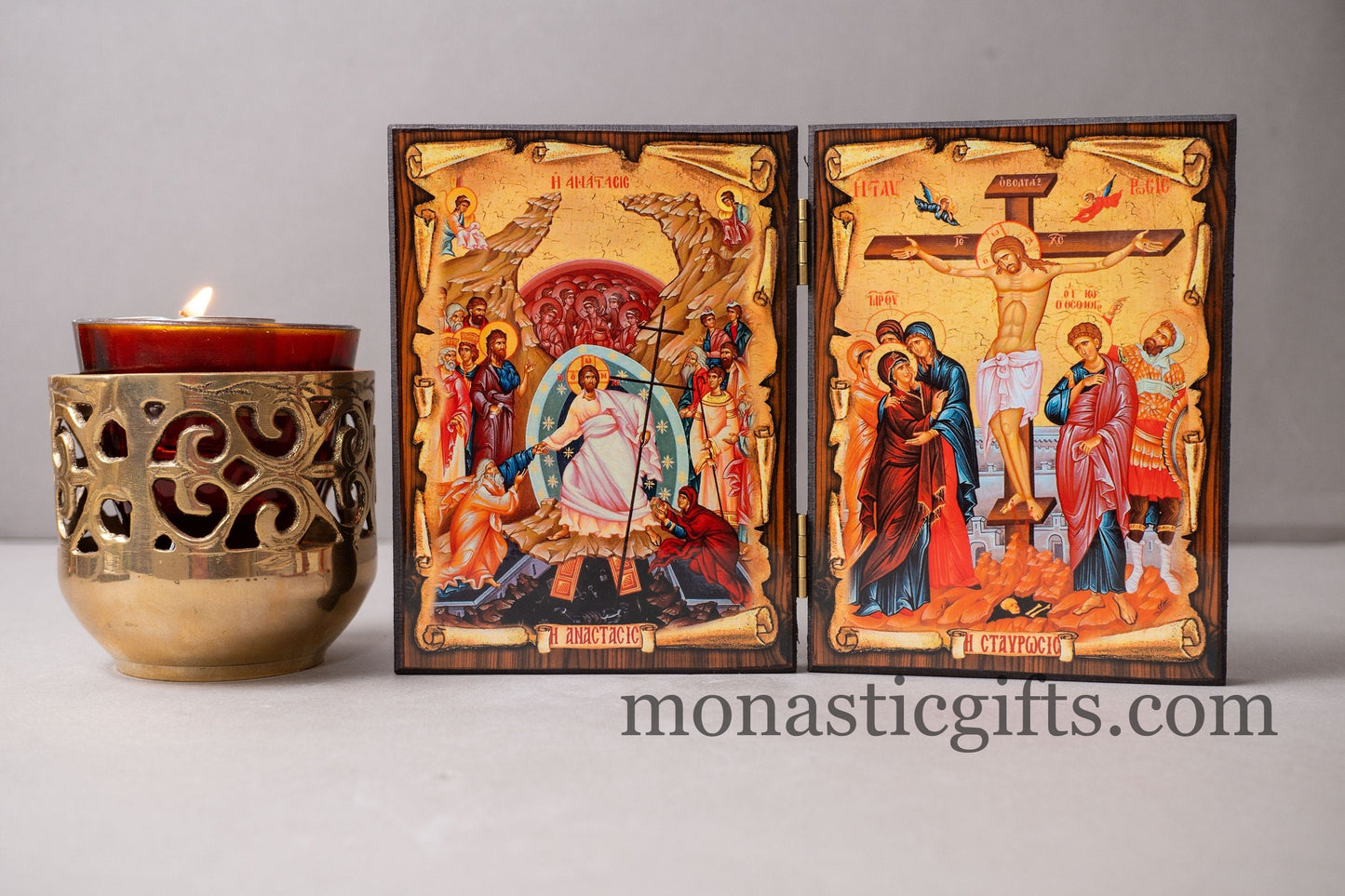 Diptych wooden Icon  with the crucifixion and resurrection of Jesus Christ Greek Orthodox Icon , Home Decor,Orthodox Gift.