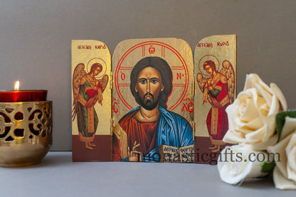 Triptych wooden Icon with the Bust of Jesus Christ ,Greek - Byzantine  Icon.