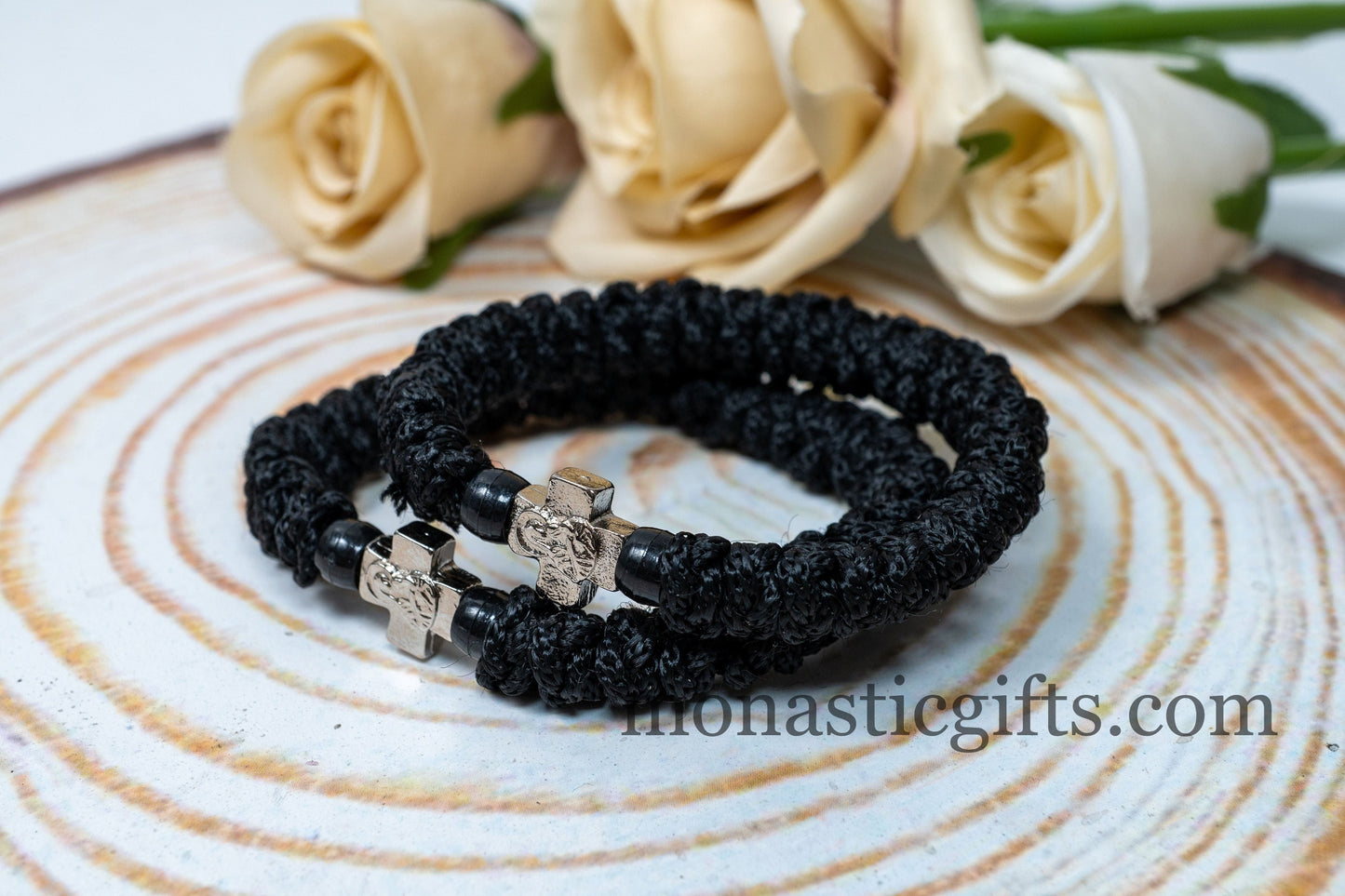 Authentic Greek elastic Komboskini with 33 Knots (1Pcs) In black Color with black Beads from Mount Athos Prayer - Orthodox Gift