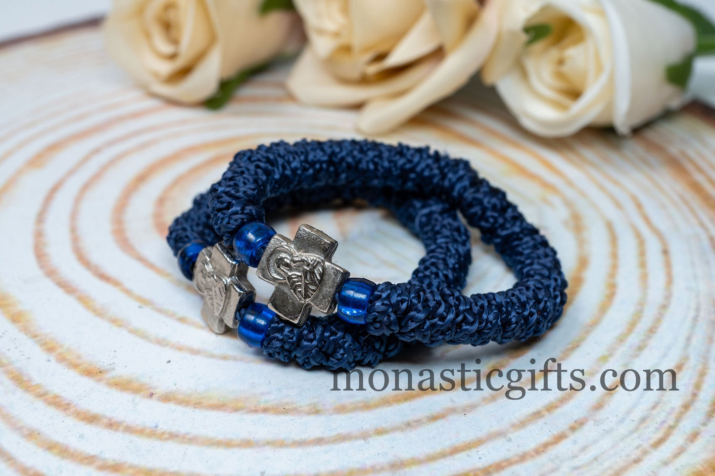 Authentic Greek elastic Komboskini with 33 Knots (1Pcs) In Blue Navi Color with blue Beads from Mount Athos Prayer - Orthodox Gift