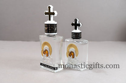 Holy Water Glass  Bottle  With metal colored SilverTheotokos Icon and  plastic screw cap with cross Orthodox Gift