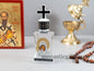 Holy Water Glass  Bottle  With metal colored SilverTheotokos Icon and  plastic screw cap with cross Orthodox Gift