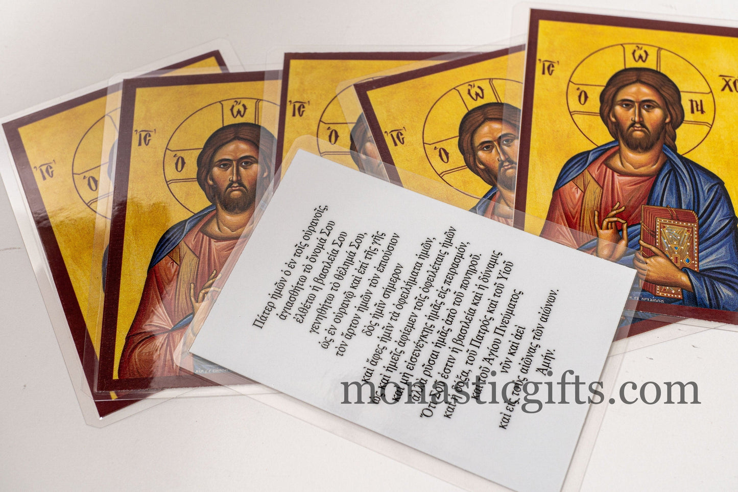 Laminated icon prayer cards with Jesus Christ and the Lord's Prayer from behind ,set of 10 Prayer holy cards, pocket size printed icons