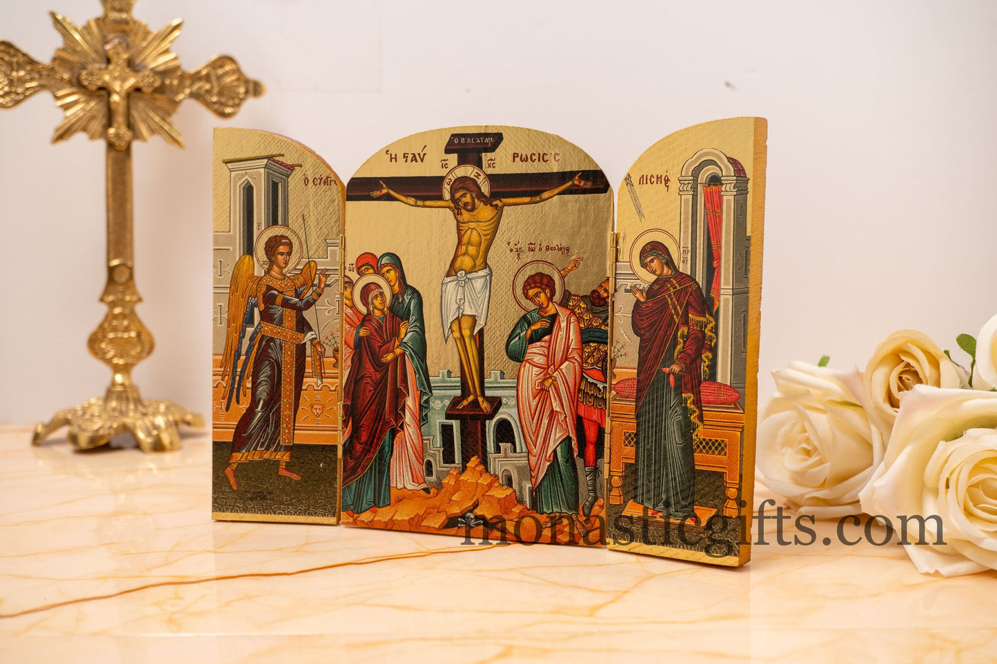 Triptych wooden Icon with the crucifixion  With Archangels Michael and the Holy Theotokos , Greek Orthodox Icon , Home Decor,Orthodox Gift