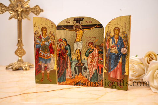 Triptych wooden Icon with the crucifixion  With Archangels Michael and the Holy Theotokos , Greek Orthodox Icon , Home Decor,Orthodox Gift