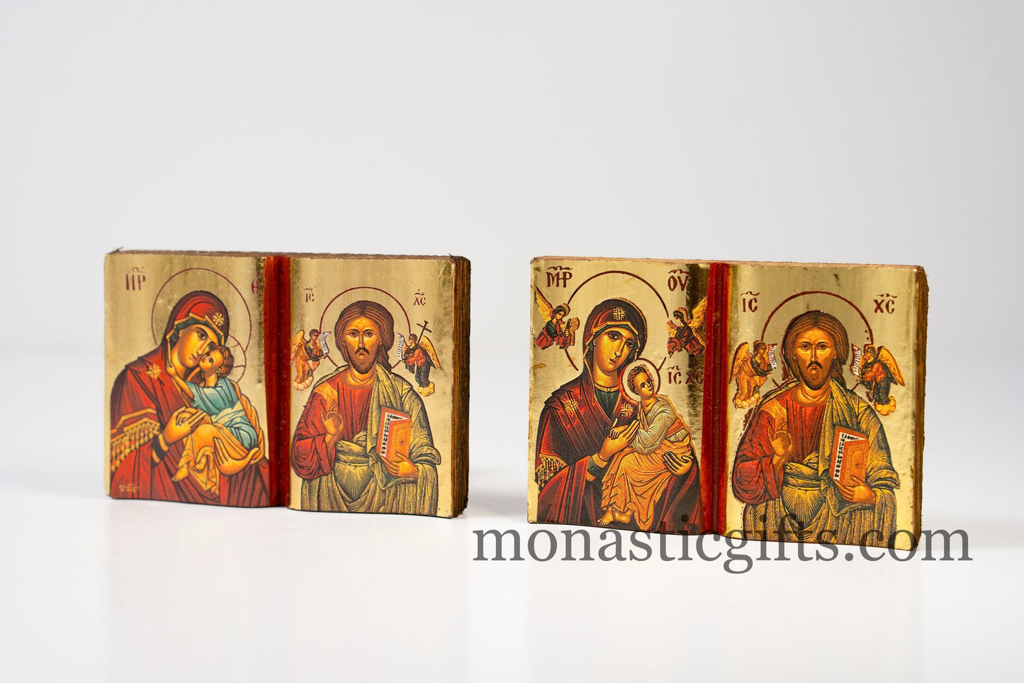 Diptych small  Icon with Virgin mary (Sweetkisses) and Jesus Christ  in curved wooden,.