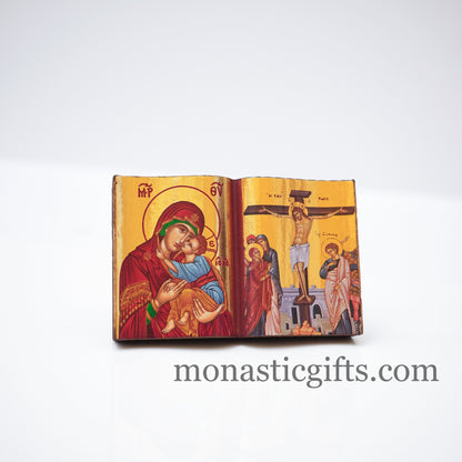 Diptych small  Icon with the crucifixion and the Holy Theotokos in curved wooden,Greek Orthodox Icon.