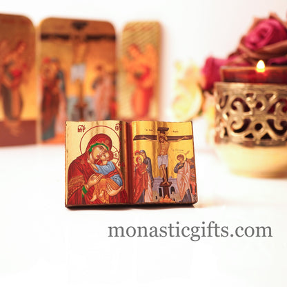 Diptych small  Icon with the crucifixion and the Holy Theotokos in curved wooden,Greek Orthodox Icon.