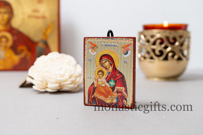 Small Wooden Orthodox icon with amazing details of Virgin Mary (The Healer) with Golden and Silver Elements,amazing idea for orthodox gift