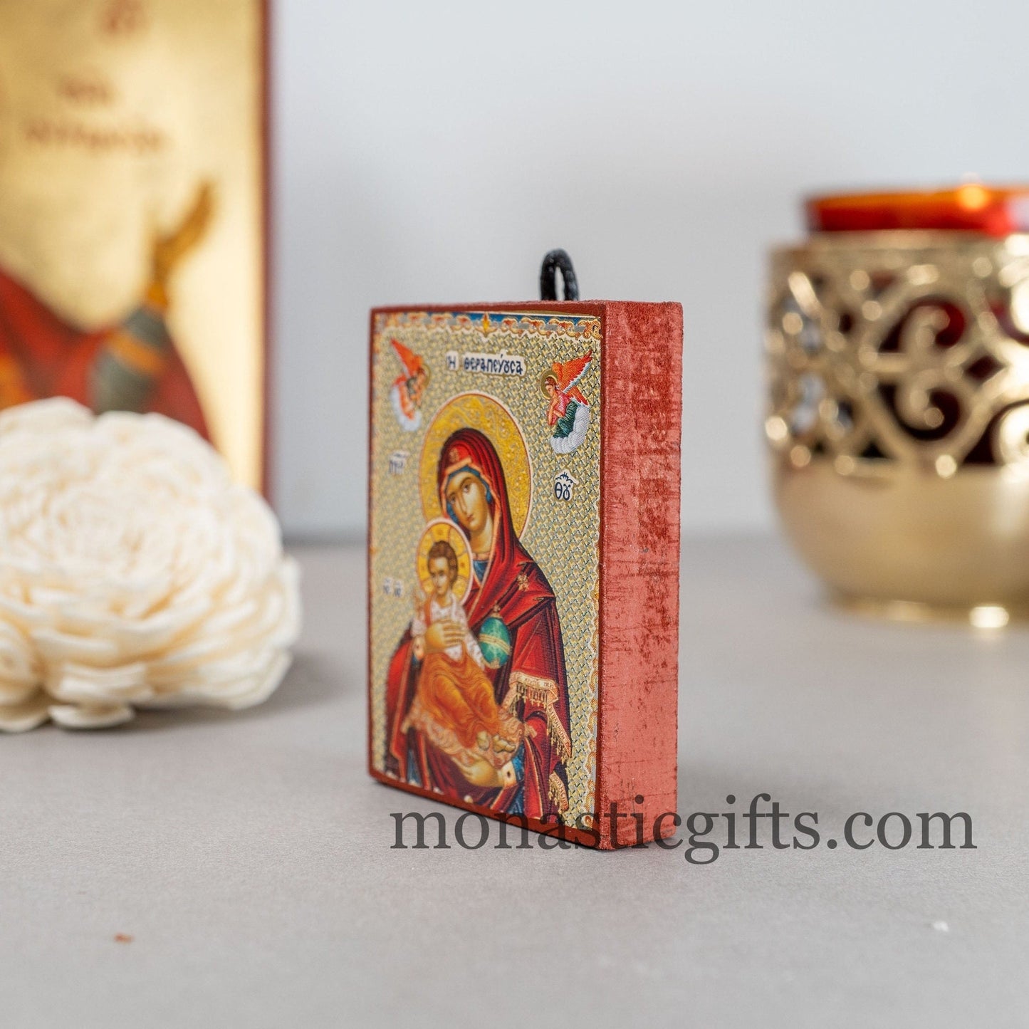 Small Wooden Orthodox icon with amazing details of Virgin Mary (The Healer) with Golden and Silver Elements,amazing idea for orthodox gift