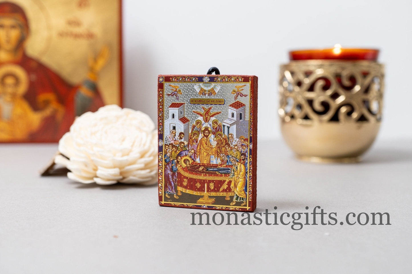 Small Wooden Orthodox icon with amazing details of The Dormition of Blessed Virgin Mary with Golden and Silver Elements, orthodox gift