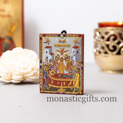 Small Wooden Orthodox icon with amazing details of The Dormition of Blessed Virgin Mary with Golden and Silver Elements, orthodox gift