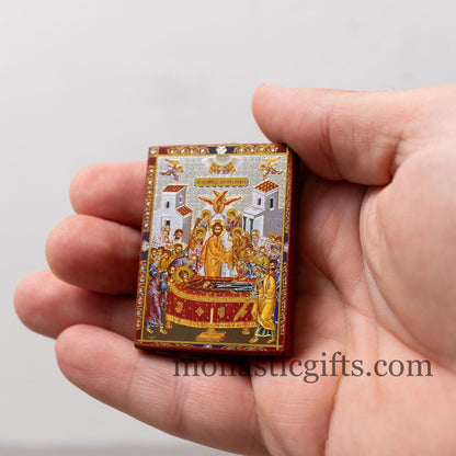 Small Wooden Orthodox icon with amazing details of The Dormition of Blessed Virgin Mary with Golden and Silver Elements, orthodox gift