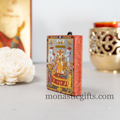 Small Wooden Orthodox icon with amazing details of The Dormition of Blessed Virgin Mary with Golden and Silver Elements, orthodox gift