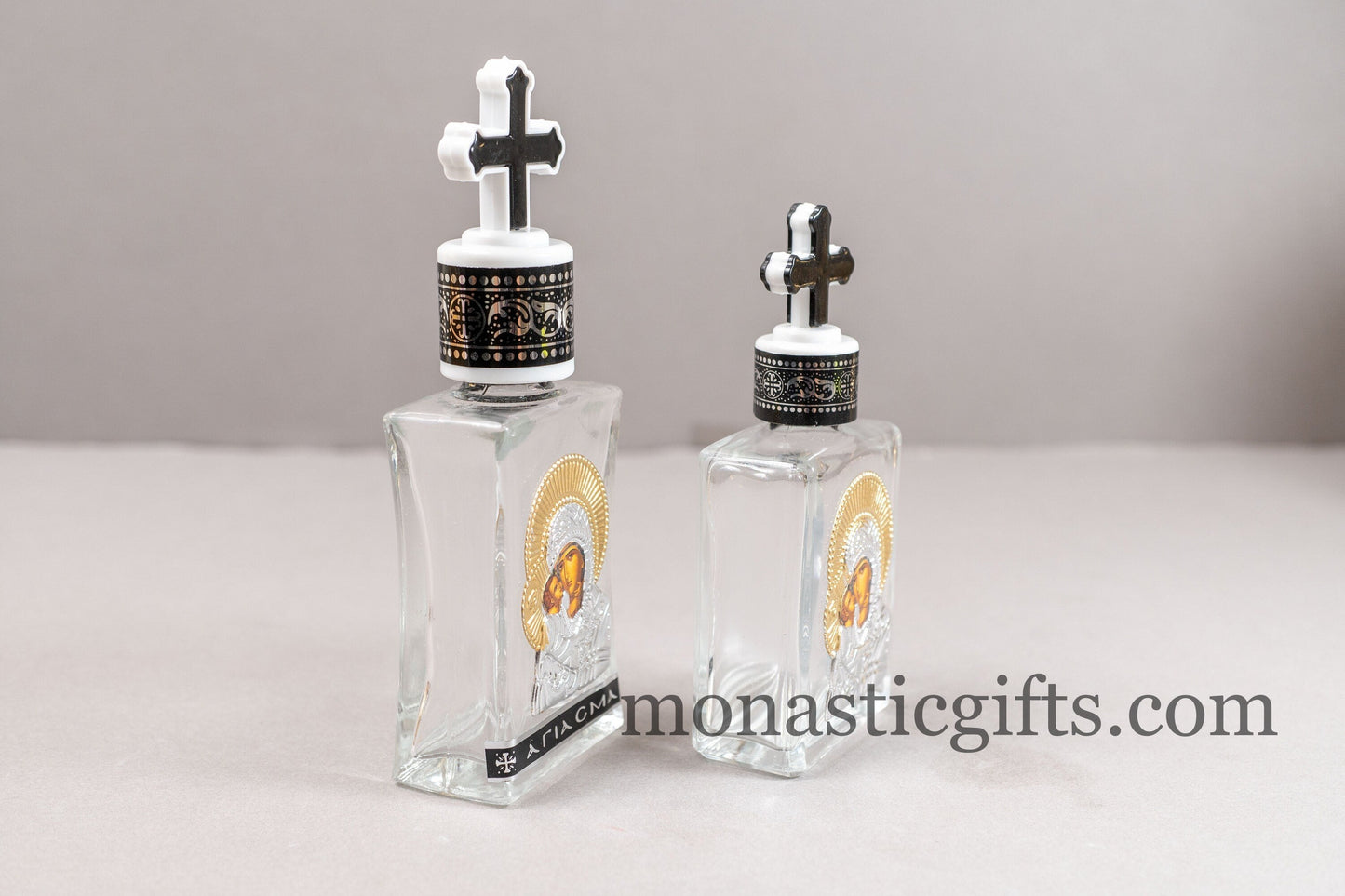 Holy Water Glass  Bottle  With metal colored SilverTheotokos Icon and  plastic screw cap with cross Orthodox Gift