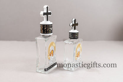 Holy Water Glass  Bottle  With metal colored SilverTheotokos Icon and  plastic screw cap with cross Orthodox Gift