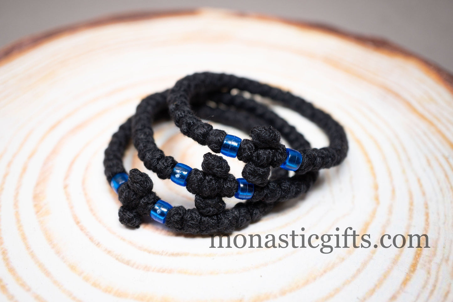 Thick Komboskini made by 100% Wool  (the Authentic Monastic) -Prayer Rope - Black Thick wool with Blue beads - Orthodox Gift -  Chotk