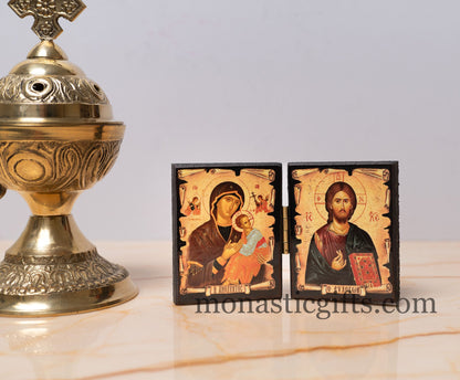 Diptych wooden Icon with the Virgin Mary "Amolintos" and  Jesus Christ the Blessing. Greek Orthodox Icon , Home Decor,Orthodox Gift.