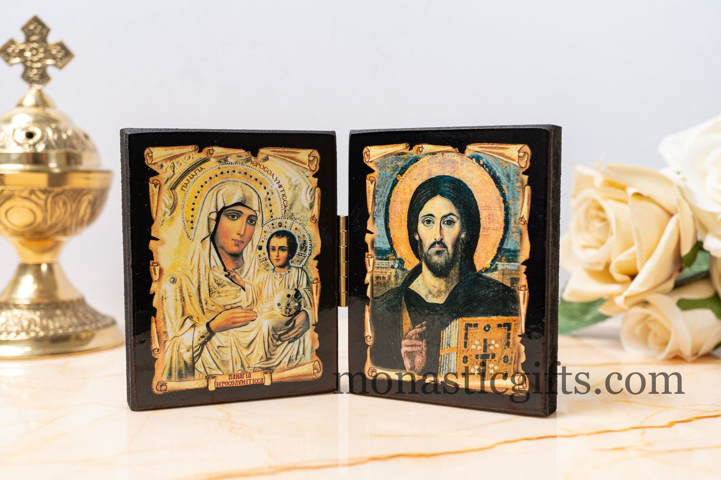 Diptych wooden Icon with the Virgin Mary "Jerusalem" and  Jesus Christ Of Sina. Greek Orthodox Icon , Home Decor,Orthodox Gift.