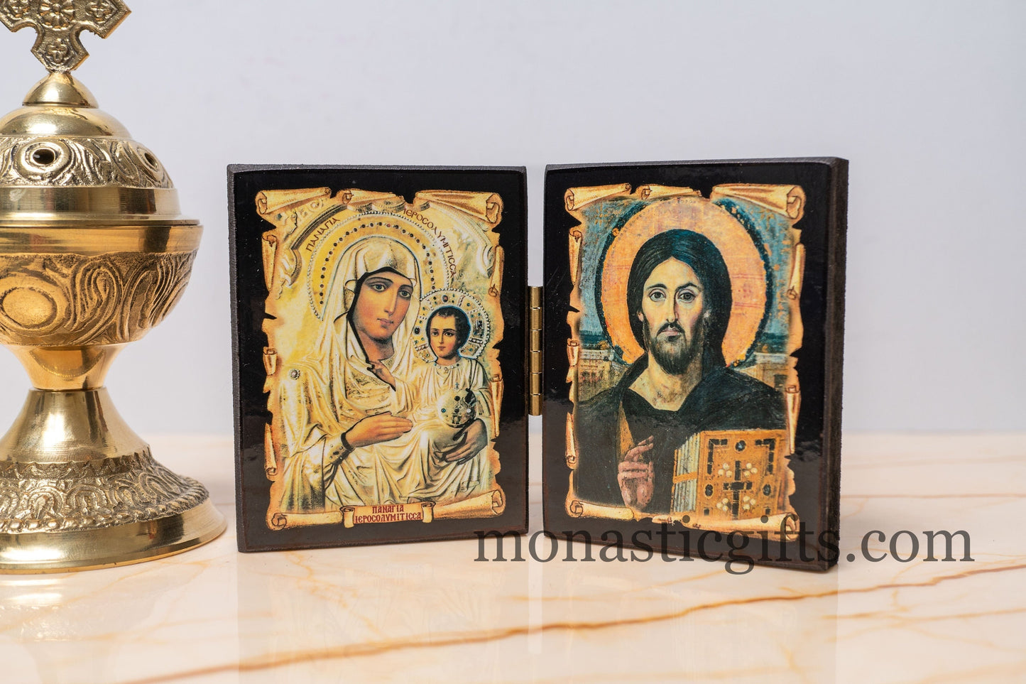 Diptych wooden Icon with the Virgin Mary "Jerusalem" and  Jesus Christ Of Sina. Greek Orthodox Icon , Home Decor,Orthodox Gift.