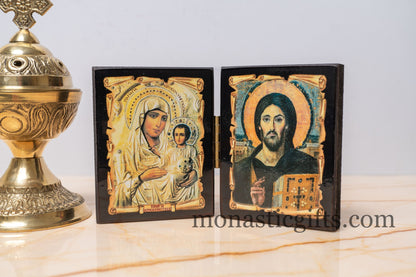 Diptych wooden Icon with the Virgin Mary "Jerusalem" and  Jesus Christ Of Sina. Greek Orthodox Icon , Home Decor,Orthodox Gift.