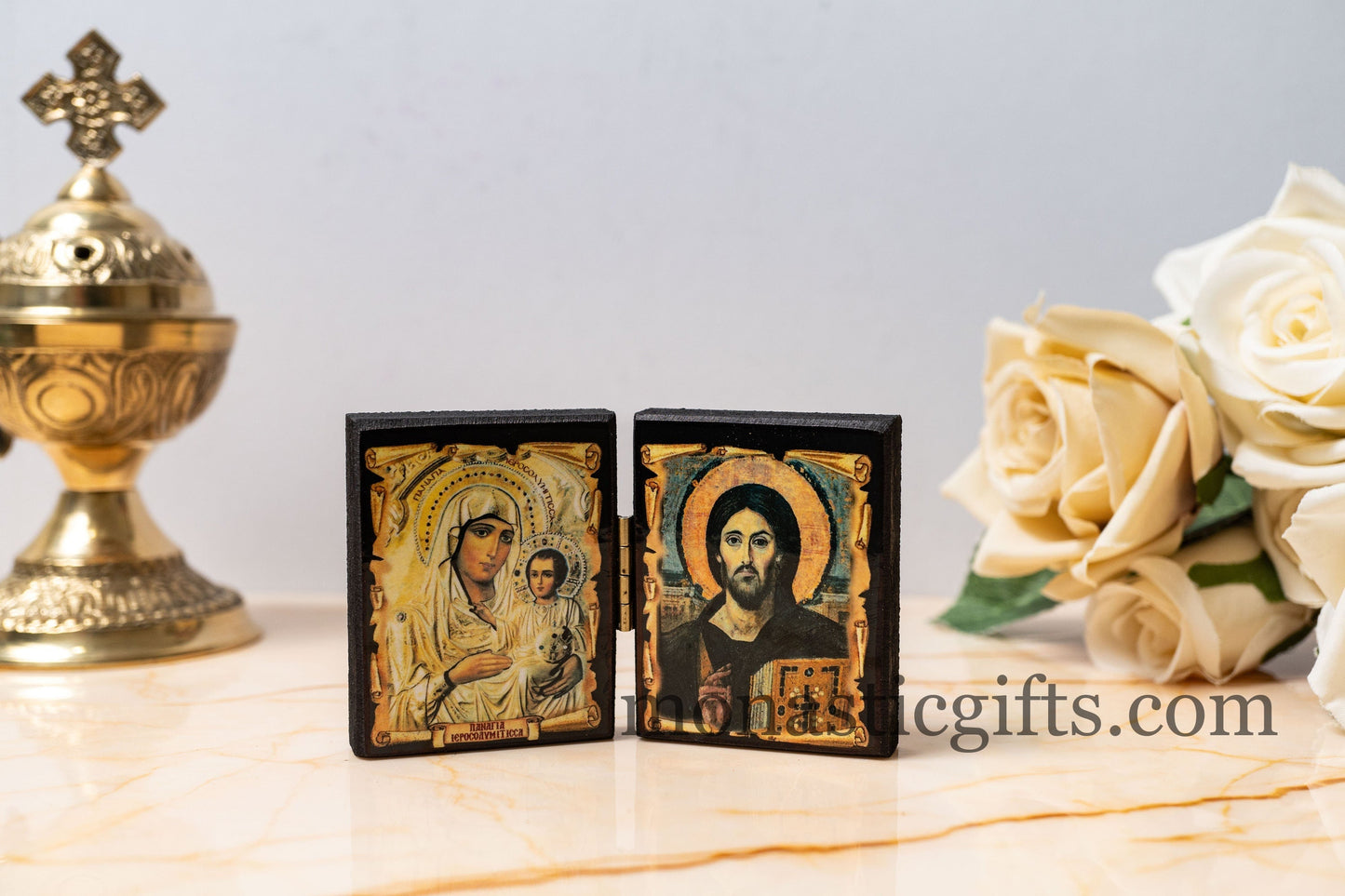 Diptych wooden Icon with the Virgin Mary "Jerusalem" and  Jesus Christ Of Sina. Greek Orthodox Icon , Home Decor,Orthodox Gift.