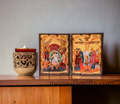 Diptych wooden Icon  with the crucifixion and resurrection of Jesus Christ Greek Orthodox Icon , Home Decor,Orthodox Gift.