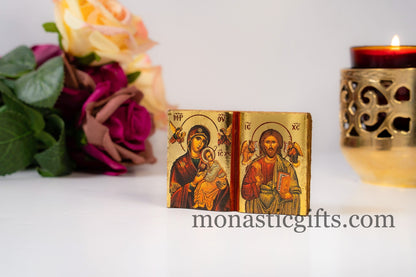 Diptych small  Icon with Virgin mary (Sweetkisses) and Jesus Christ  in curved wooden,.