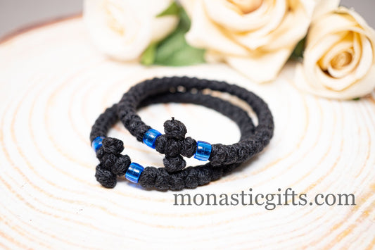 Thick Komboskini made by 100% Wool  (the Authentic Monastic) -Prayer Rope - Black Thick wool with Blue beads - Orthodox Gift -  Chotk