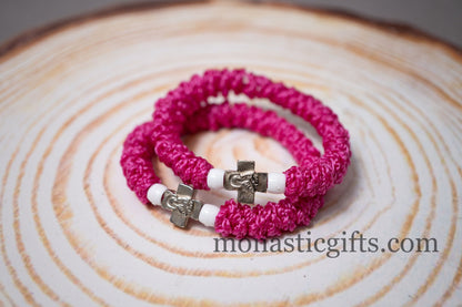 Authentic Greek elastic Komboskini with 33 Knots (1Pcs) In Pink Color with blue Beads from Mount Athos Prayer - Orthodox Gift