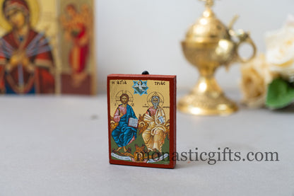 Small Wooden Orthodox icon with amazing details of Holy Trinity, Agia Trias in Golden Leaf ,amazing idea for orthodox gift