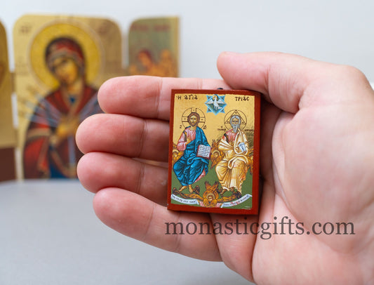 Small Wooden Orthodox icon with amazing details of Holy Trinity, Agia Trias in Golden Leaf ,amazing idea for orthodox gift