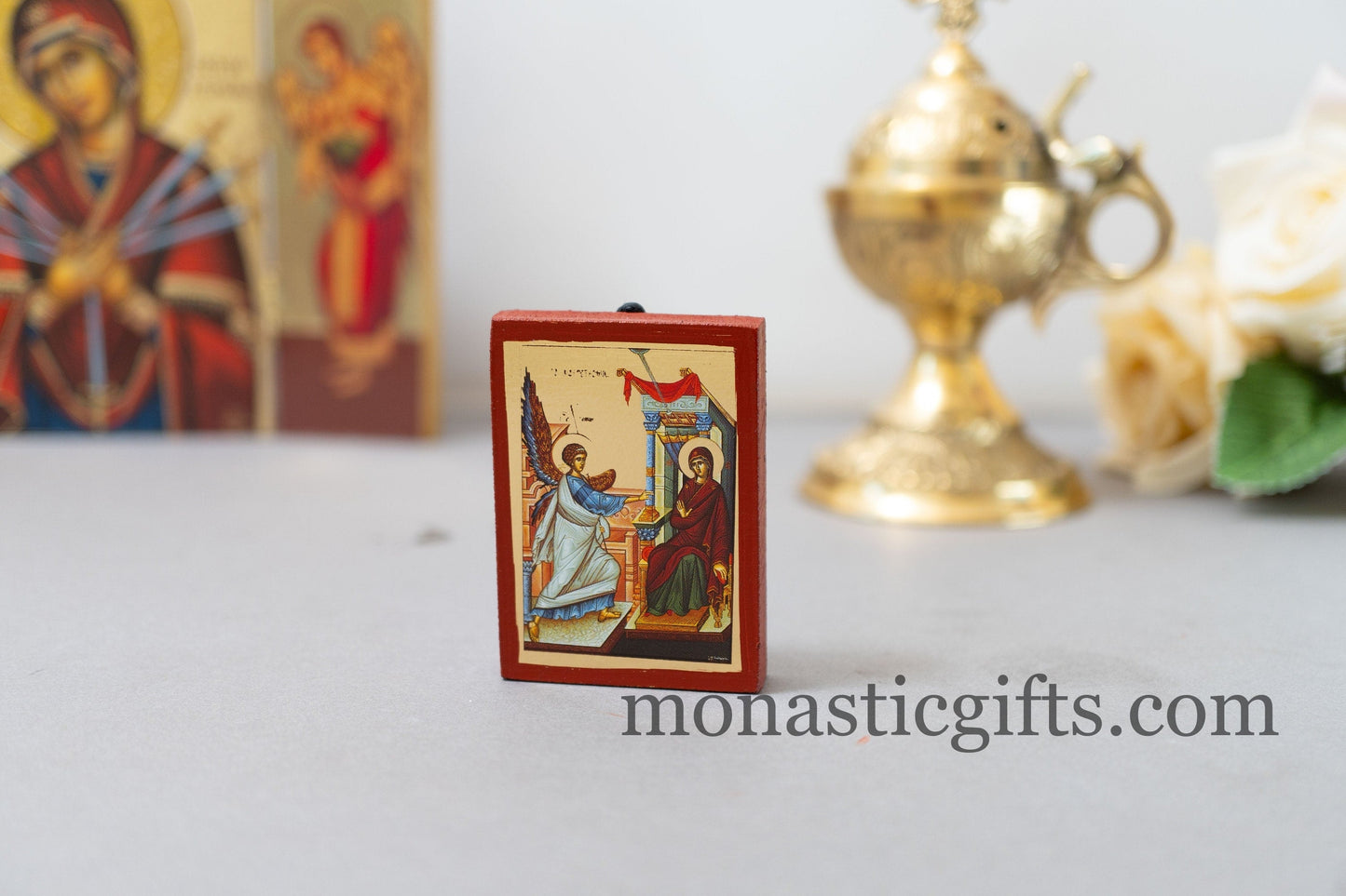 Small Wooden Orthodox icon with amazing details The Annunciation of the Blessed Virgin Mary, in Golden Leaf ,amazing idea for orthodox gift