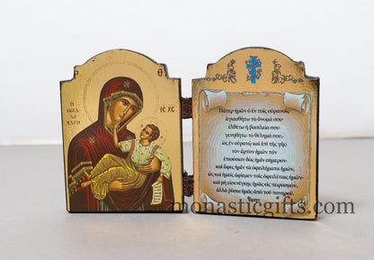 Diptych wooden Icon with Virgin Mary (Megalochary)  and Lord's Prayer (Πατερ ημων) Byzantine art, Greek Orthodox Icon.