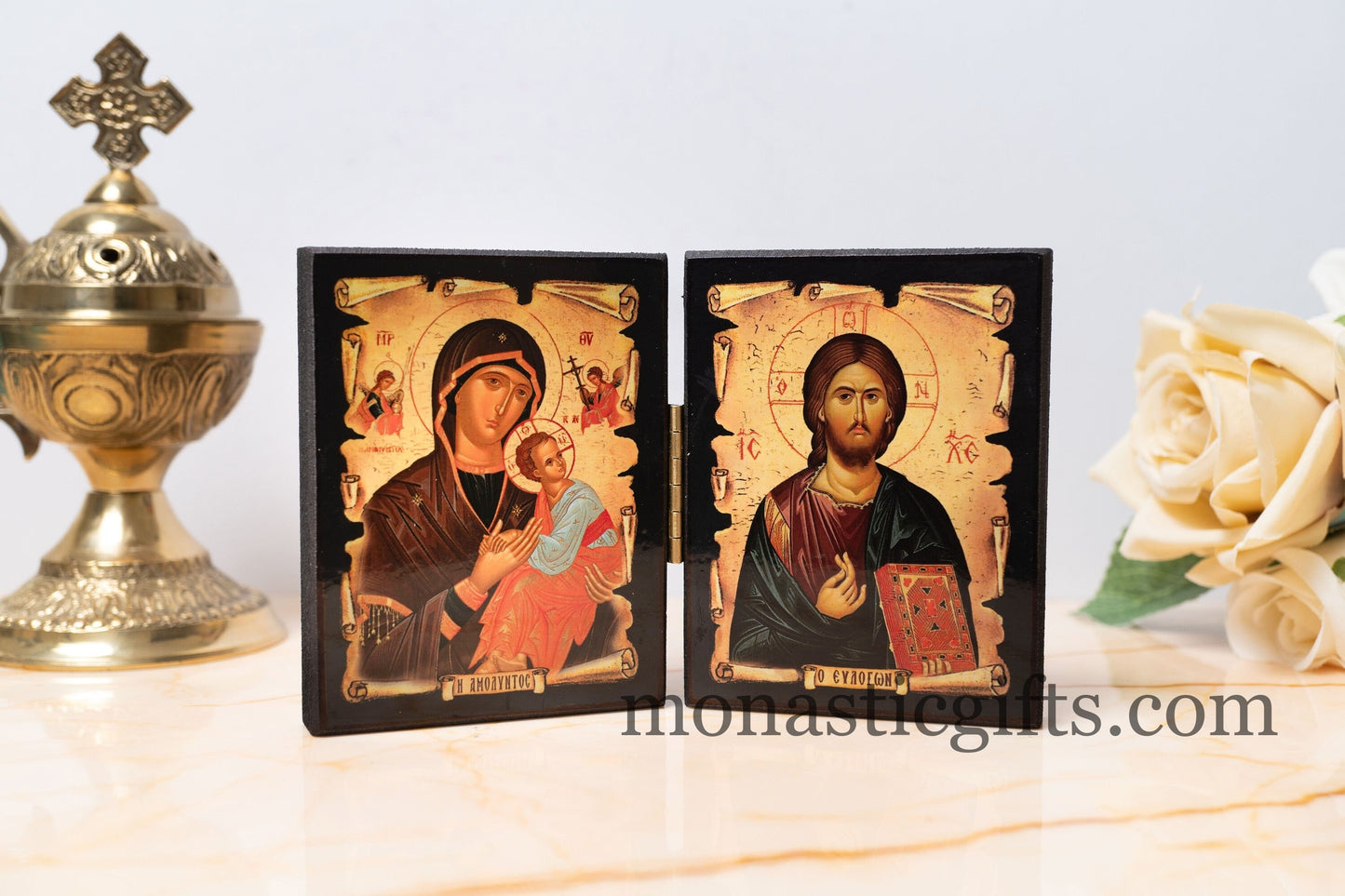 Diptych wooden Icon with the Virgin Mary "Amolintos" and  Jesus Christ the Blessing. Greek Orthodox Icon , Home Decor,Orthodox Gift.