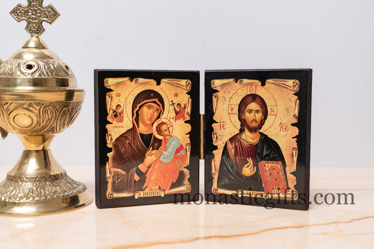 Diptych wooden Icon with the Virgin Mary "Amolintos" and  Jesus Christ the Blessing. Greek Orthodox Icon , Home Decor,Orthodox Gift.