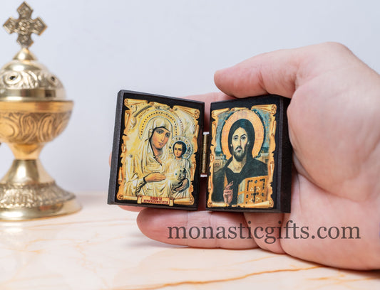 Handcrafted wooden folding diptych Orthodox icon of the Virgin Mary of Jerusalem and Jesus Christ Pantocrator