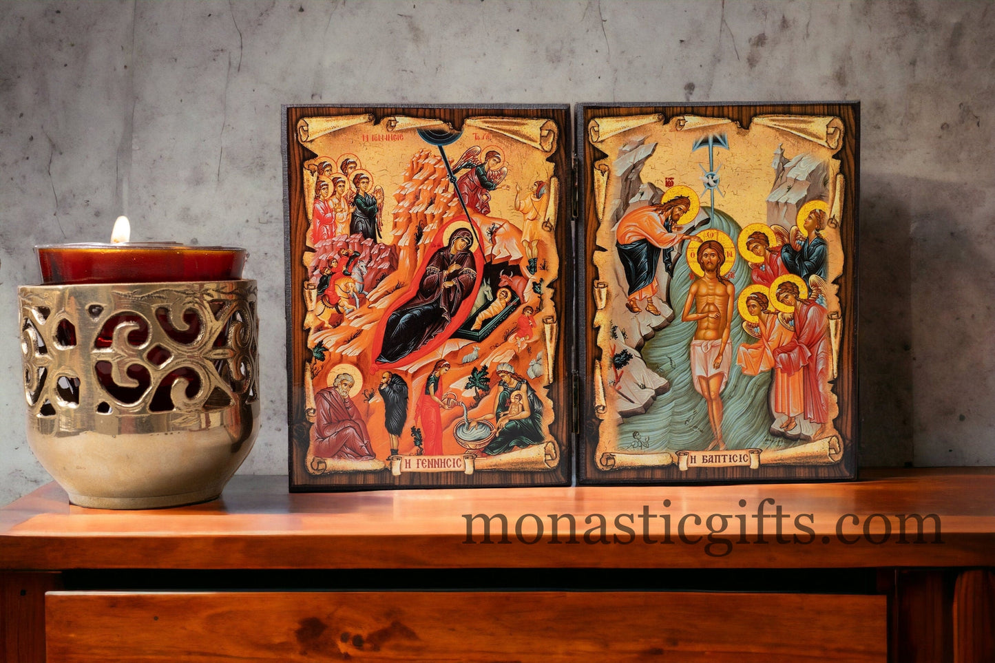 Diptych wooden Icon with the birth and baptism of Jesus Christ Greek Orthodox Icon , Home Decor,Orthodox Gift.