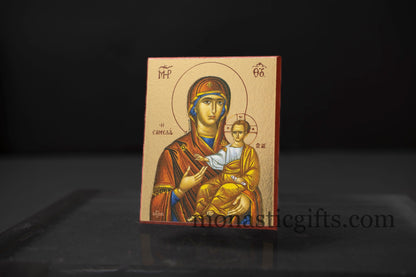 Small Wooden Orthodox icon with amazing details  of Virgin Mary (Soumela) In Golden leaf, wall hanging amazing idea for orthodox gift.