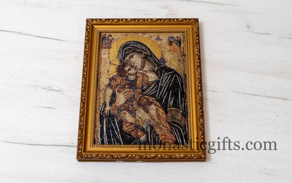 Embroidered Orthodox icon in a frame with Virgin Mary , art wall hanging on wood plaque amazing idea for orthodox gift.