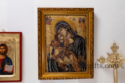 Embroidered Orthodox icon in a frame with Virgin Mary , art wall hanging on wood plaque amazing idea for orthodox gift.