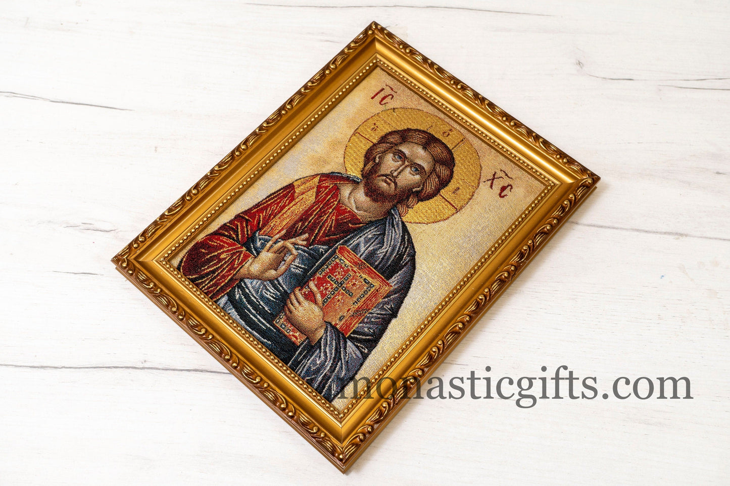 Embroidered Orthodox icon in a frame with Jesus Christ , art wall hanging on wood plaque amazing idea for orthodox gift.