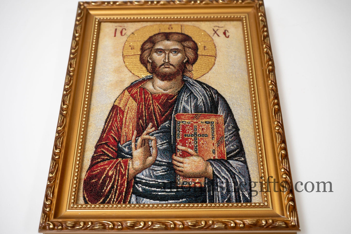 Embroidered Orthodox icon in a frame with Jesus Christ , art wall hanging on wood plaque amazing idea for orthodox gift.