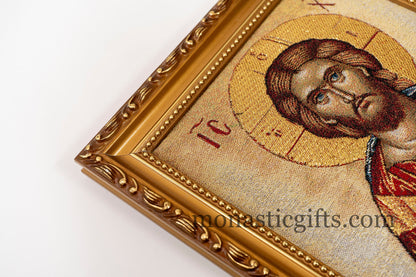 Embroidered Orthodox icon in a frame with Jesus Christ , art wall hanging on wood plaque amazing idea for orthodox gift.